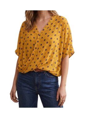 Worthington Yellow V-Neck Surplice Boho Peasant Short Sleeve Blouse Size 1X
